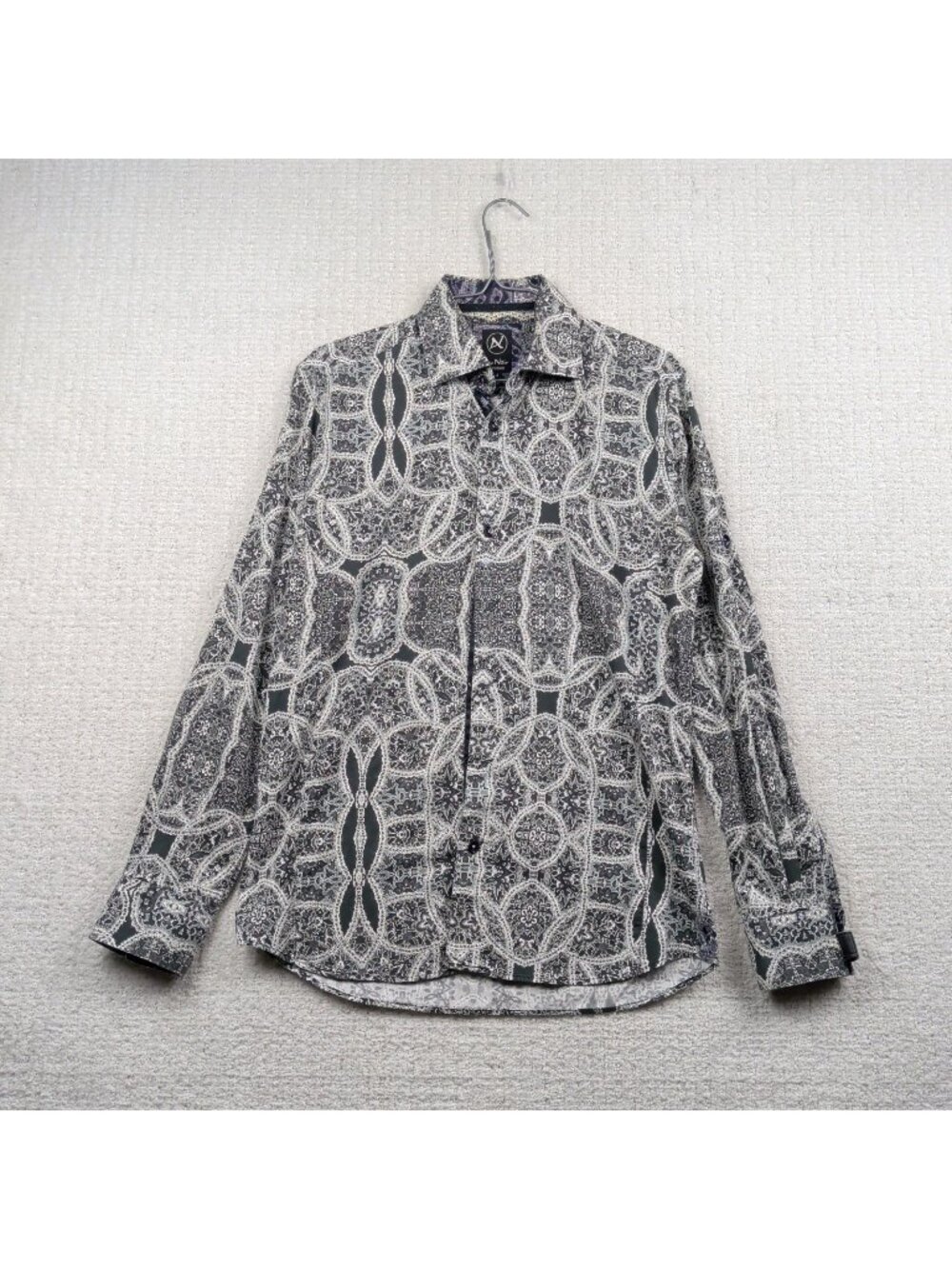 Au Noir Shirt Mens 2 Black Psychedelic Paisley AOP Button Up Shirt Leather Cuff